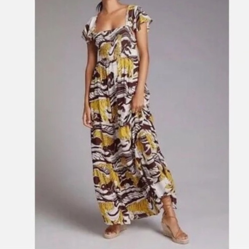 Anthropologie Maxi Dress in Yellow, Brown and White Abstract Print